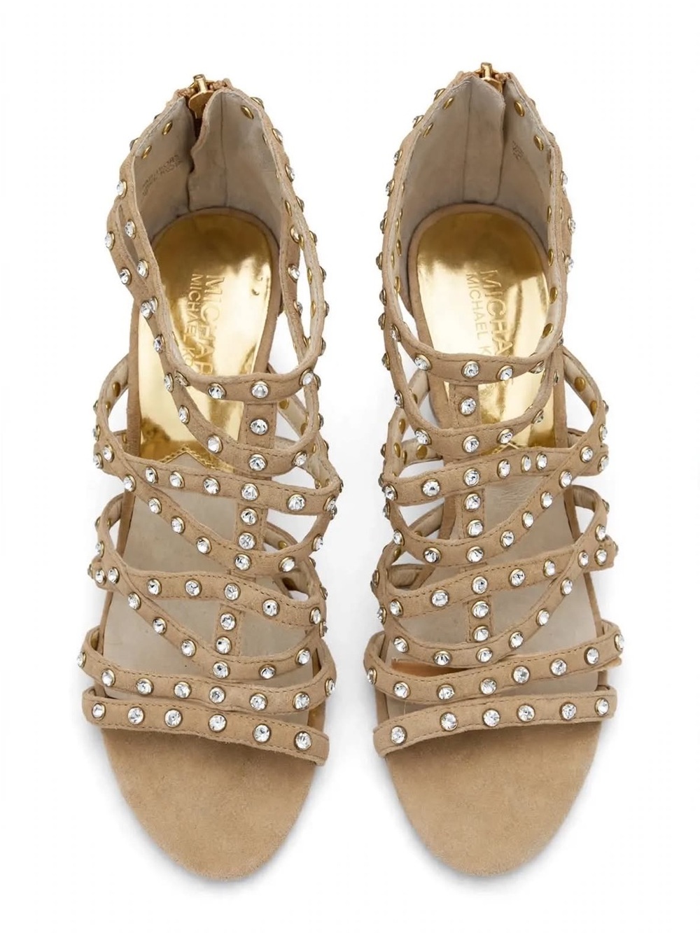 Michael Kors Gladiator Heels 7M Beige Suede Rhinestone Stiletto Sandals Back Zip